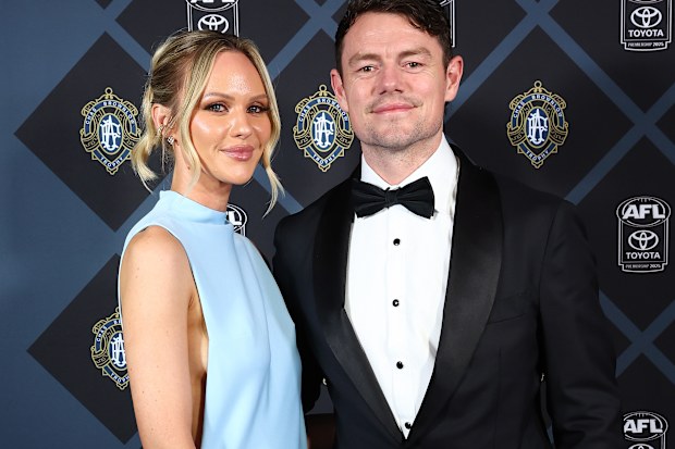 Lachie Neale and Jules Neale arrive at the 2025 Brownlow Medal on September 22, 2025 in Brisbane, Australia. 