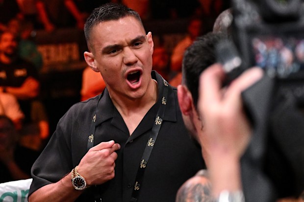 Tim Tszyu firing up at Michael Zerafa.