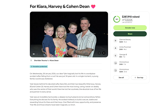GoFundMe fundraiser for Kiara, Harvey and Cohen Dean in honour of Tyler Dean