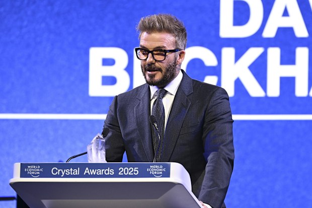 David Beckham makes a speech after receiving the Crystal Award within the World Economic Forum held in Davos, Switzerland on January 20, 2025.