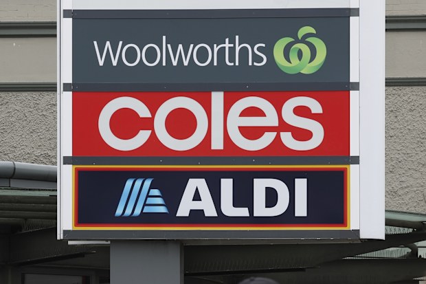 Generic photo of signage of supermarkets Woolworths, Coles and Aldi, seen in Ashfield, NSW, on Tuesday 8 April 2025. Photo: Alex Ellinghausen