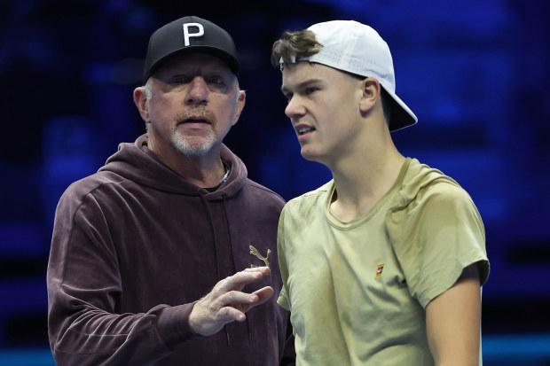 Coach Boris Becker with Holger Rune of Denmark during a practice session prior to the ATP Finals at Pala Alpitour in Turin.