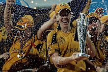 Captain Alex Blackwell is showered with champagne after leading Australia to victory in the 2010 ICC Women's World Twenty20 final against New Zealand.