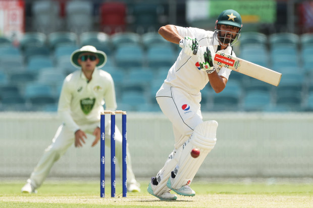 Shan Masood of Pakistan bats during day two of the Tour Match between PMs XI and Pakistan at Manuka Oval on December 07, 2023 in Canberra, Australia. (Photo by Mark Metcalfe/Getty Images)