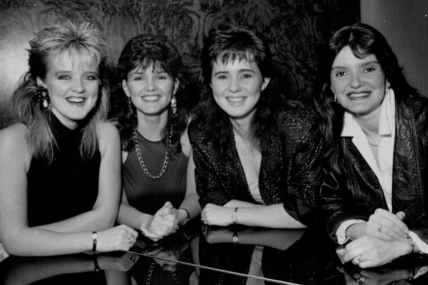 The Nolan sisters, British singing group here to tour Aust. pictured at the Southern cross hotel. L to R. Bernie, Maureen, Coleen, Anne. May 19, 1986. (Photo by Barry Chapman/Fairfax Media)
