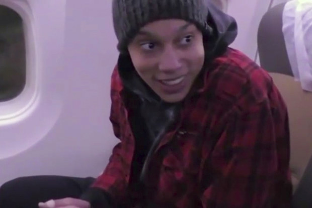 In this image made from video provided by Russian Federal Security Service, WNBA star and two-time Olympic gold medalist Brittney Griner sits in the plane as she flies to Abu Dhabi to be exchanged for Russian citizen Viktor Bout, in Russia, Friday, December 9, 2022.