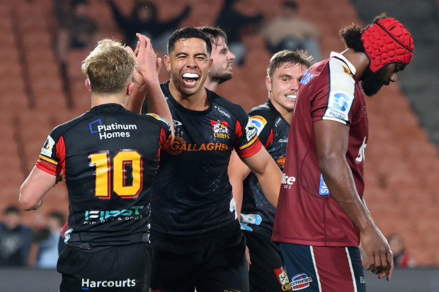 Anton Lienert-Brown of the Chiefs celebrates after scoring a try during the Super Rugby Pacific quarter-final match against the Reds.