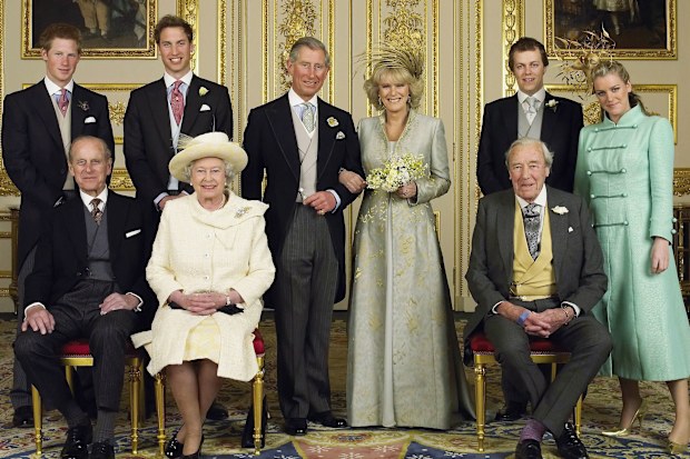 Clarence House official handout photo of the Prince of Wales and his new bride Camilla, Duchess of Cornwall, with their families (L-R back row) Prince Harry, Prince William, Tom and Laura Parker Bowles (L-R front row) Duke of Edinburgh, Britain's Queen Elizabeth II and Camilla's father Major Bruce Shand, in the White Drawing Room at Windsor Castle after their wedding ceremony, April 9, 2005 in Windsor, England. 
