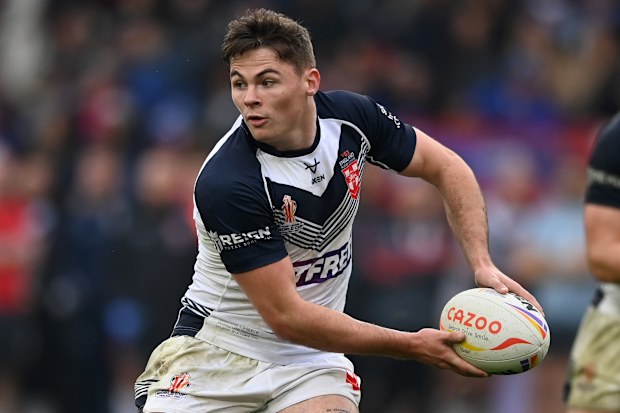 Jack Welsby in action for England during the Rugby League World Cup. (Photo by Gareth Copley/Getty Images)