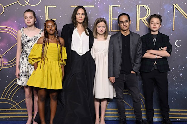 Angelina Jolie, third from left, and her children Shiloh, Zahara, Vivenne, Maddox and Knox at the London premiere of 'The Eternals' in 2021.	**This image is for use with this specific article only** 