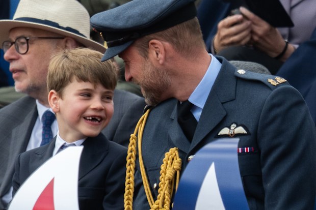 Prince William, Prince of Wales and Prince Louis during the military procession to mark the 80th anniversary of VE Day on May 05, 2025 in London, England.