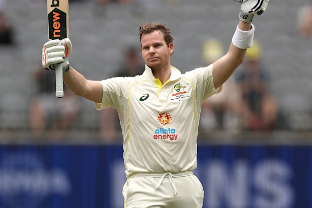 PERTH, AUSTRALIA - DECEMBER 01: Steve Smith of Australia celebrates reaching a century during day two of the First Test match between Australia and the West Indies at Optus Stadium on December 01, 2022 in Perth, Australia. (Photo by Cameron Spencer/Getty Images)