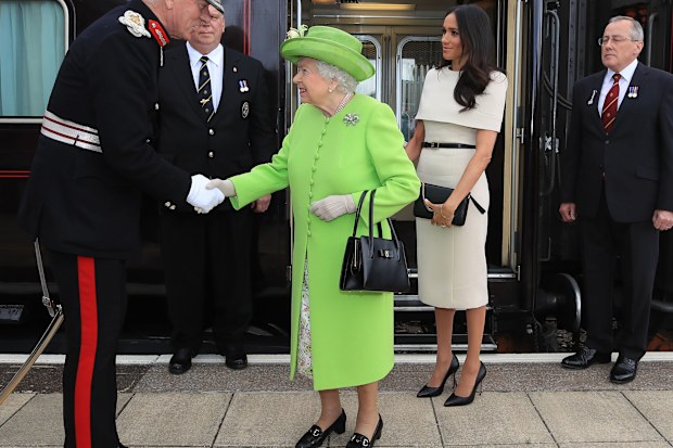 Queen Elizabeth II and Meghan, the Duchess of Sussex arrive by Royal Train at Runcorn Station to carry out engagements in Cheshire. PRESS ASSOCIATION Photo. Picture date: Thursday June 14, 2018. See PA story ROYAL Queen. Photo credit should read: Peter Byrne/PA Wire