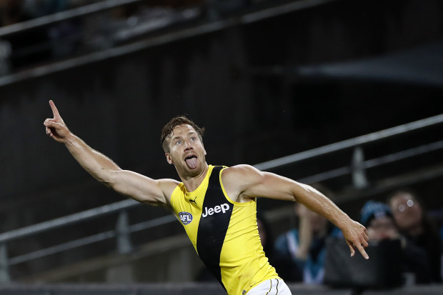 Kane Lambert of the Tigers celebrates after scoring a goal during the AFL First Preliminary Final match between the Port Adelaide Power and Richmond Tigers at Adelaide Oval on October 16, 2020 in Adelaide, Australia. (Photo by Ryan Pierse/Getty Images)