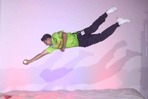 Jason Sangha of the Thunder takes part in a classic catch competition during the Big Bash Season Launch at The Venue on December 05, 2022 in Sydney, Australia. (Photo by Brendon Thorne/Getty Images)