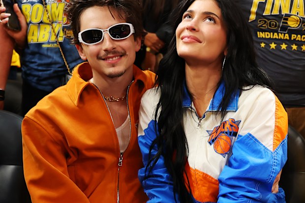 INDIANAPOLIS, INDIANA - MAY 31:  Timothee Chalamet and Kylie Jenner attend Game Six of the Eastern Conference Finals of the 2025 NBA Playoffs between the New York Knicks and the Indiana Pacers at Gainbridge Fieldhouse on May 31, 2025 in Indianapolis, Indiana. NOTE TO USER: User expressly acknowledges and agrees that, by downloading and or using this photograph, User is consenting to the terms and conditions of the Getty Images License Agreement. (Photo by Gregory Shamus/Getty Images)