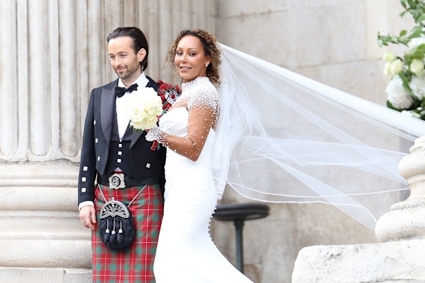 Spice Girl Melanie Brown, Mel B, and her husband hairdresser Rory McPhee on the steps of St Paul's Cathedral, London, following their wedding. Picture date: Saturday July 5, 2025. (Photo by Toby Shepheard/PA Images via Getty Images)