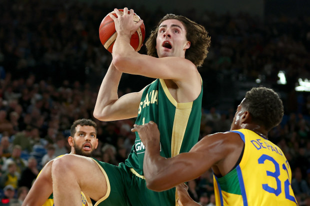 MELBOURNE, AUSTRALIA - AUGUST 16: Josh Giddey of Australia looks towards goal during the match between the Australia Boomers and Brazil at Rod Laver Arena on August 16, 2023 in Melbourne, Australia. (Photo by Graham Denholm/Getty Images)