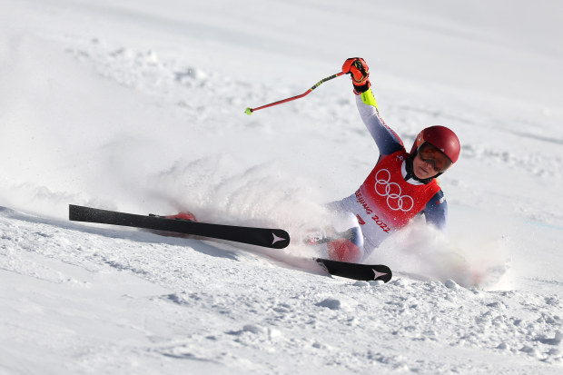 Mikaela Shiffrin of Team United States falls during the women's giant slalom.