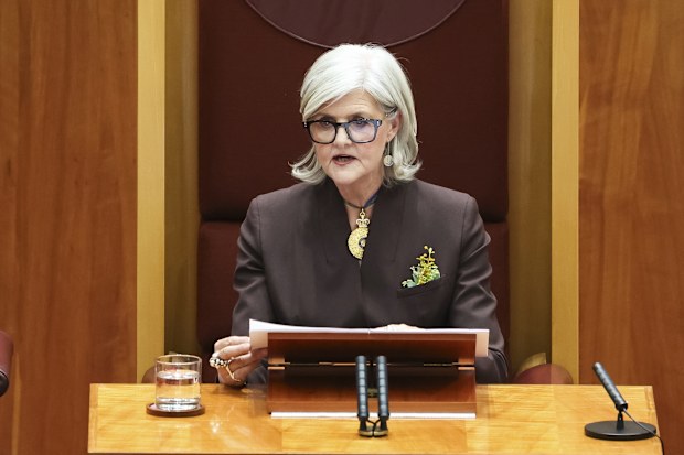 Governor-General Sam Mostyn delivers a speech during the opening of the 48th Parliament, in the Senate at Parliament House in Canberra on Tuesday 22 July 2025. fedpol Photo: Alex Ellinghausen