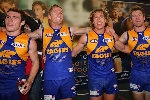 Adam Selwood (second from left) singing the West Coast victory song in 2012.