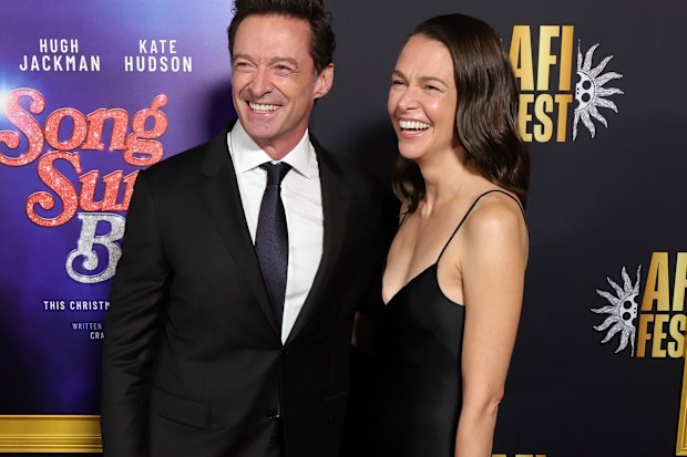 Hugh Jackman and Sutton Foster attend closing night gala premiere of Song Sung Blue during 2025 AFI FEST at TCL Chinese 6 Theatres on October 26, 2025 in Hollywood, California. 