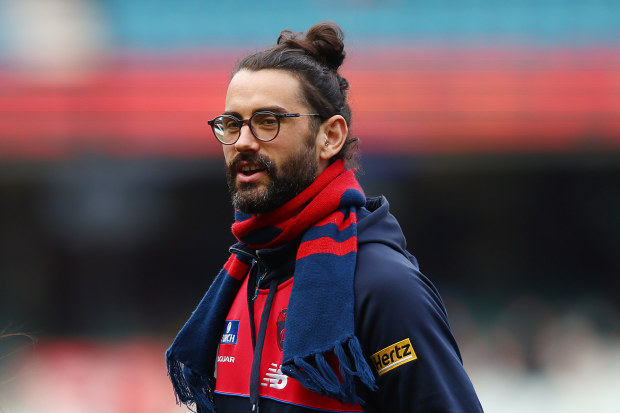 MELBOURNE, AUSTRALIA - JULY 23: Brodie Grundy of the Demons looks on prior to the round 19 AFL match between Melbourne Demons and Adelaide Crows at Melbourne Cricket Ground on July 23, 2023 in Melbourne, Australia. (Photo by Graham Denholm/AFL Photos via Getty Images)