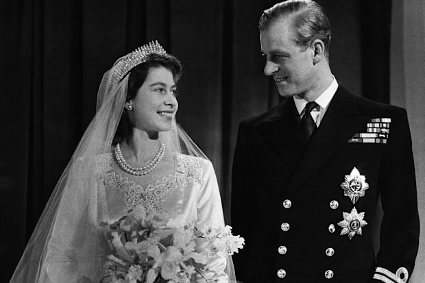 Princess Elizabeth, later Queen Elizabeth II with her husband Phillip, Duke of Edinburgh, on their wedding day, 20th November 1947. (Photo by © Hulton-Deutsch Collection/CORBIS/Corbis via Getty Images)