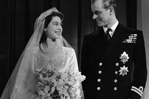 Princess Elizabeth, later Queen Elizabeth II with her husband Phillip, Duke of Edinburgh, on their wedding day, 20th November 1947. (Photo by © Hulton-Deutsch Collection/CORBIS/Corbis via Getty Images)