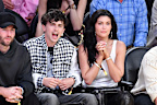 Timothee Chalamet and Kylie Jenner attend a basketball game between the Los Angeles Lakers and the Minnesota Timberwolves at Crypto.com Arena on April 30, 2025 in Los Angeles, California.
