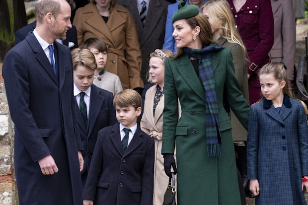 Prince William and Catherine, Princess of Wales with Prince George, Princess Charlotte and Prince Louis at the Christmas Morning Service at St Mary Magdalene Church on December 25, 2024 in Sandringham, Norfolk.