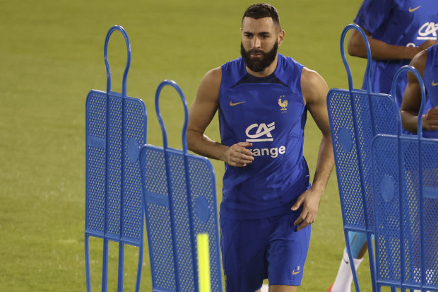 Karim Benzema of France during Team France practice ahead of the FIFA World Cup Qatar 2022 at Al Sadd SC Stadium on November 19, 2022 in Doha, Qatar. (Photo by Jean Catuffe/Getty Images)