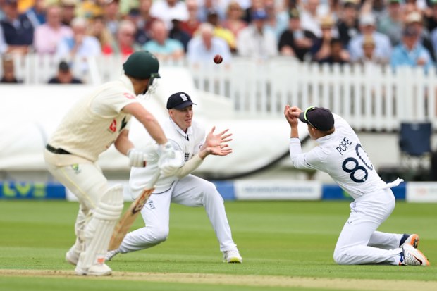 Ollie Pope drops David Warner off the bowling of Stuart Broad during day one of the second Ashes Test at Lord's.