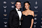 SYDNEY, AUSTRALIA - AUGUST 21: Cooper Cronk and Tara Rushton arrive at the NRL Hall of Fame and Immortal Induction 2024 at Sydney Cricket Ground on August 21, 2024 in Sydney, Australia. (Photo by Brendon Thorne/Getty Images)