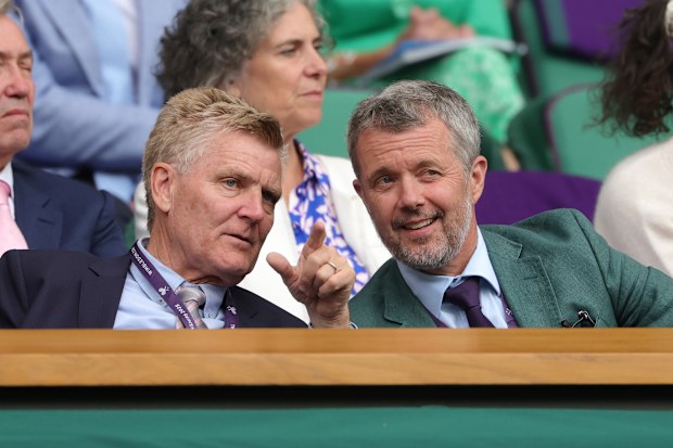 LONDON, ENGLAND - JULY 07: Frederik X, King of Denmark, looks on from the Royal Box during the Ladies' Singles fourth round match between Mirra Andreeva and Emilio Navarro of United States on day eight of The Championships Wimbledon 2025 at All England Lawn Tennis and Croquet Club on July 07, 2025 in London, England. (Photo by Julian Finney/Getty Images)