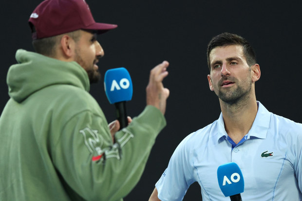 Novak Djokovic is interviewed by Nick Kyrgios after the quarter-final match against Taylor Fritz.