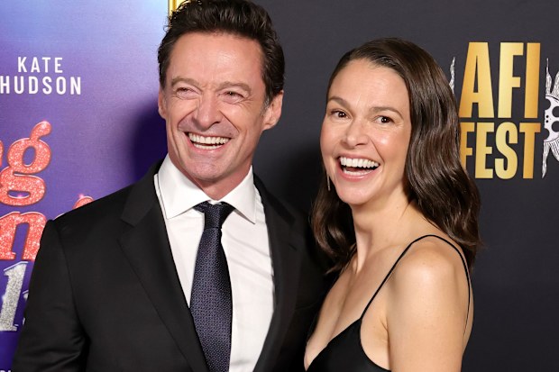 Hugh Jackman and Sutton Foster attend closing night gala premiere of Song Sung Blue during 2025 AFI FEST at TCL Chinese 6 Theatres on October 26, 2025 in Hollywood, California. 