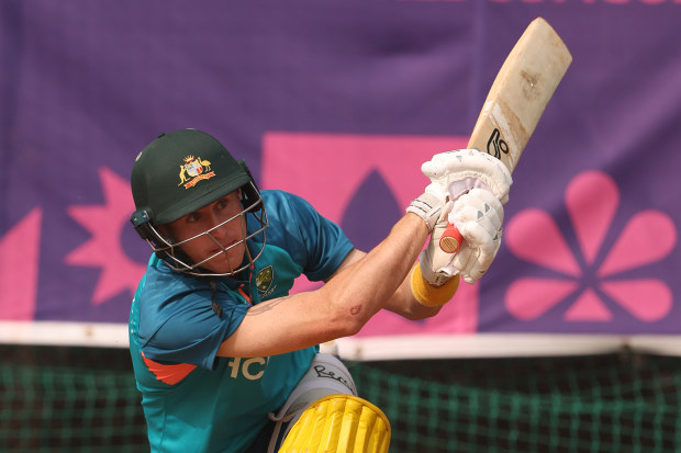 Marnus Labuschagne batting in the nets before the Cricket World Cup final.