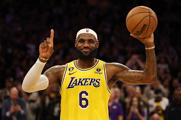 LOS ANGELES, CALIFORNIA - FEBRUARY 07: LeBron James #6 of the Los Angeles Lakers reacts after scoring to pass Kareem Abdul-Jabbar to become the NBA's all-time leading scorer, surpassing Abdul-Jabbar's career total of 38,387 points against the Oklahoma City Thunder at Crypto.com Arena on February 07, 2023 in Los Angeles, California. NOTE TO USER: User expressly acknowledges and agrees that, by downloading and or using this photograph, User is consenting to the terms and conditions of the Getty Im