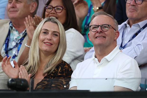 Jodie Haydon and Prime Minister of Australia Anthony Albanese look on during the Men's Singles Final match between Jannik Sinner of Italy and Daniil Medvedev during the 2024 Australian Open at Melbourne Park on January 28, 2024 in Melbourne, Australia. 