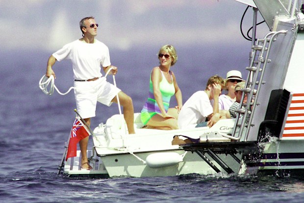 Diana, Princess of Wales and Prince William are seen holidaying with Dodi Al Fayed (not pictured) in St Tropez  in the summer of 1997, shortly before Diana and Dodi were killed in a car crash in Paris on August 31, 1997. (Photo by Michel Dufour/WireImage)