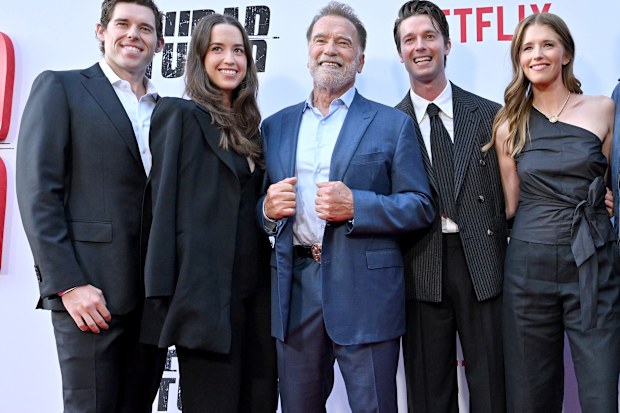 Arnold Schwarzenegger, third from left, with children Christopher, Christina, Patrick, Katherine and her husband Chris Pratt in June  2025.