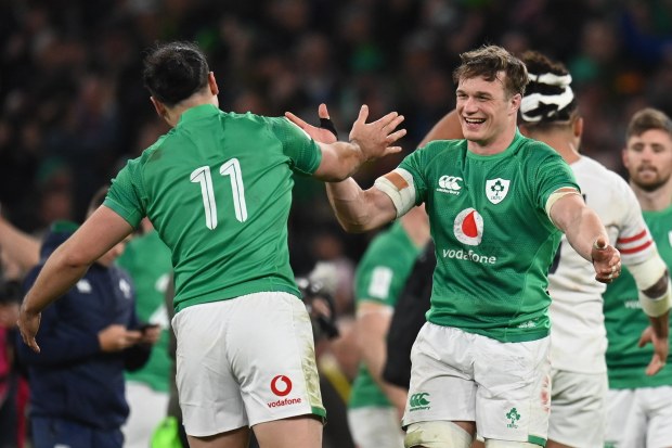 Josh van der Flier, right, and James Lowe of Ireland after their side's victory in the Six Nations. (Photo By Harry Murphy/Sportsfile via Getty Images)