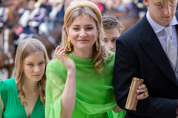 BRUSSELS, BELGIUM - JULY 21: (L to R) Princess Elisabeth and Prince Emmanuel of Belgium arrive for the Te Deum as they attend the National Day ceremony on July 21, 2025 in Brussels, Belgium.  (Photo by Geert Vanden Wijngaert/Getty Images)