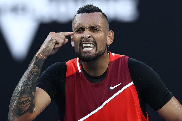Nick Kyrgios of Australia reacts in his second round singles match against Daniil Medvedev of Russia during day four of the 2022 Australian Open.