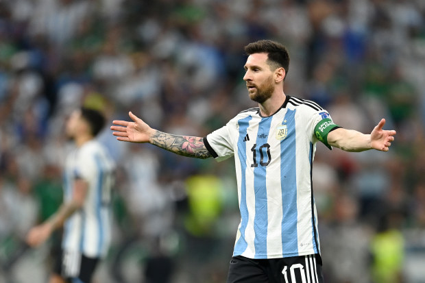 Lionel Messi of Argentina reacts during the FIFA World Cup Qatar 2022 Group C match between Argentina and Mexico at Lusail Stadium on November 26, 2022 in Lusail City, Qatar. (Photo by David Ramos - FIFA/FIFA via Getty Images)