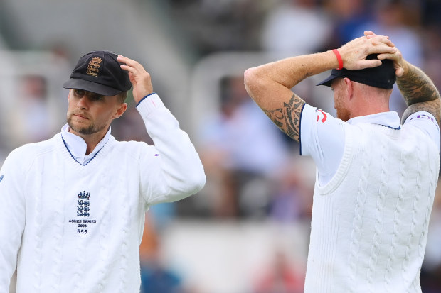 LONDON, ENGLAND - JUNE 30: Joe Root and Ben Stokes of England reacts after appealing unsuccessfully for the wicket of Marnus Labuschagne (not pictured) of Australia during Day Three of the LV= Insurance Ashes 2nd Test match between England and Australia at Lord's Cricket Ground on June 30, 2023 in London, England. (Photo by Stu Forster/Getty Images)
