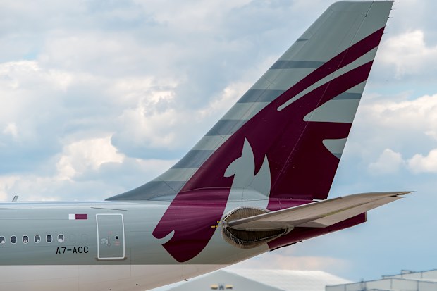 MANCHESTER, UNITED KINGDOM - AUG 07, 2015: Qatar Airways Airbus A330 tail livery at Manchester Airport Aug 07 2015.