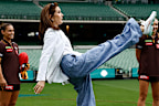 MELBOURNE, AUSTRALIA - MARCH 17: Queen Mary of Denmark kicks the ball as Eliza West (left) and Emily Bates (Hawthorn Football Club AFLW players) look on during the Danish Royal state visit of the MCG at the Melbourne Cricket Ground on March 17, 2026 in Melbourne, Australia. (Photo by Michael Willson/AFL Photos via Getty Images)