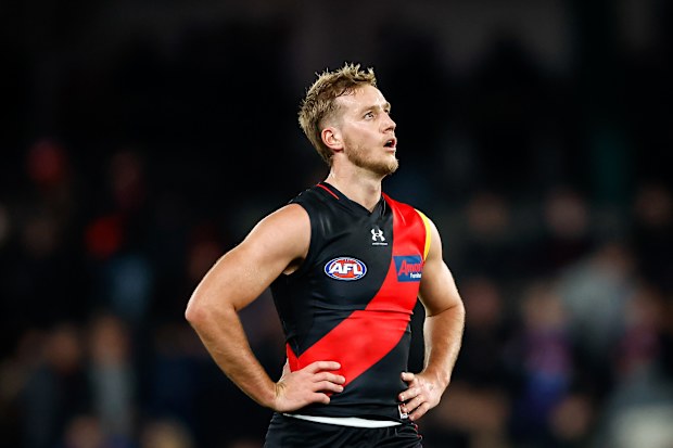MELBOURNE, AUSTRALIA - JULY 21: Darcy Parish of the Bombers looks dejected after a loss during the 2023 AFL Round 19 match between the Essendon Bombers and the Western Bulldogs at Marvel Stadium on July 21, 2023 in Melbourne, Australia. (Photo by Dylan Burns/AFL Photos via Getty Images)